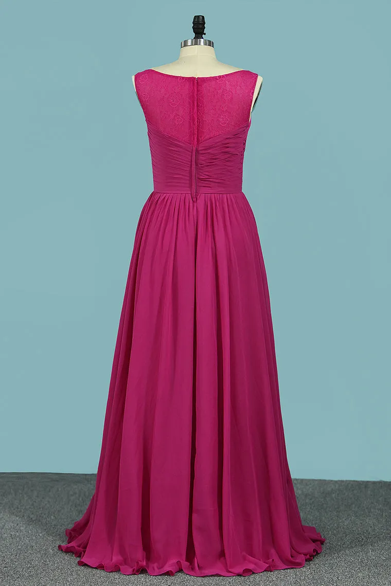 2024 A-Line Lace & Chiffon Scoop Prom Dresses With Ruffles