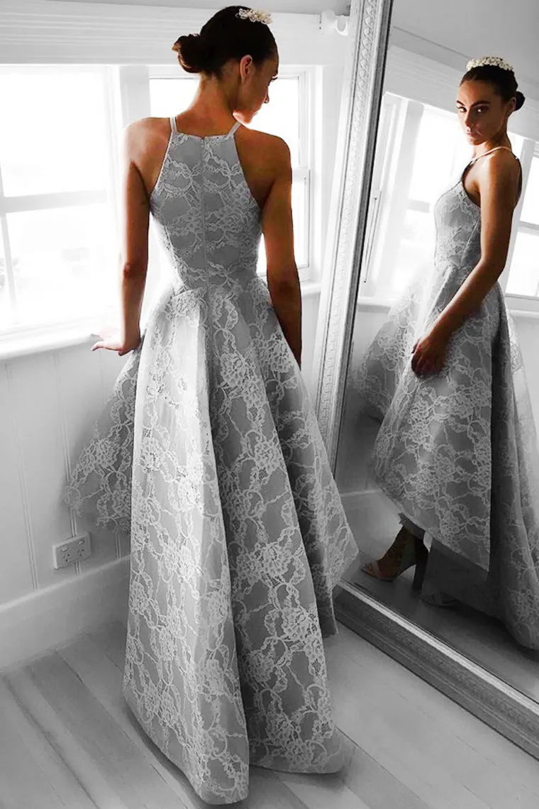 2024 Asymmetrical Spaghetti Straps Lace Zipper Up A Line Prom Dresses