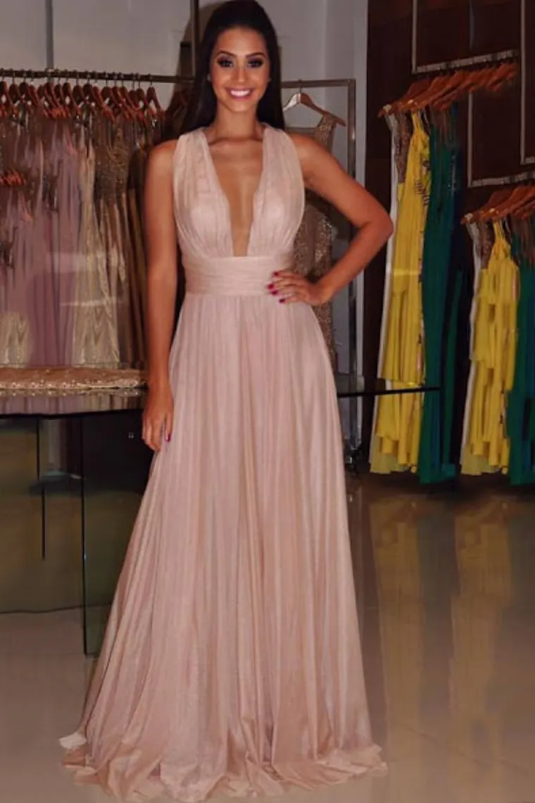 2024 Evening Dresses V Neck Open Back Chiffon With Ruffles A Line