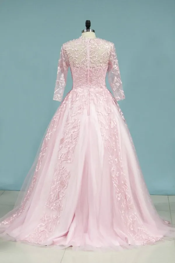 2024 Muslin Dresses Scoop A Line Prom Dresses Long Sleeves Tulle P4EACHSF