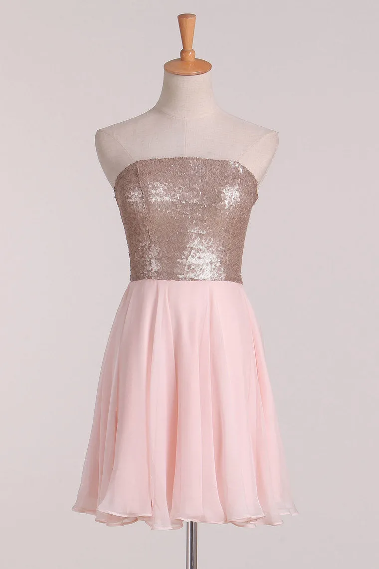 2024 New Arrival Strapless Homecoming Dresses Sequined Bodice Chiffon A Line