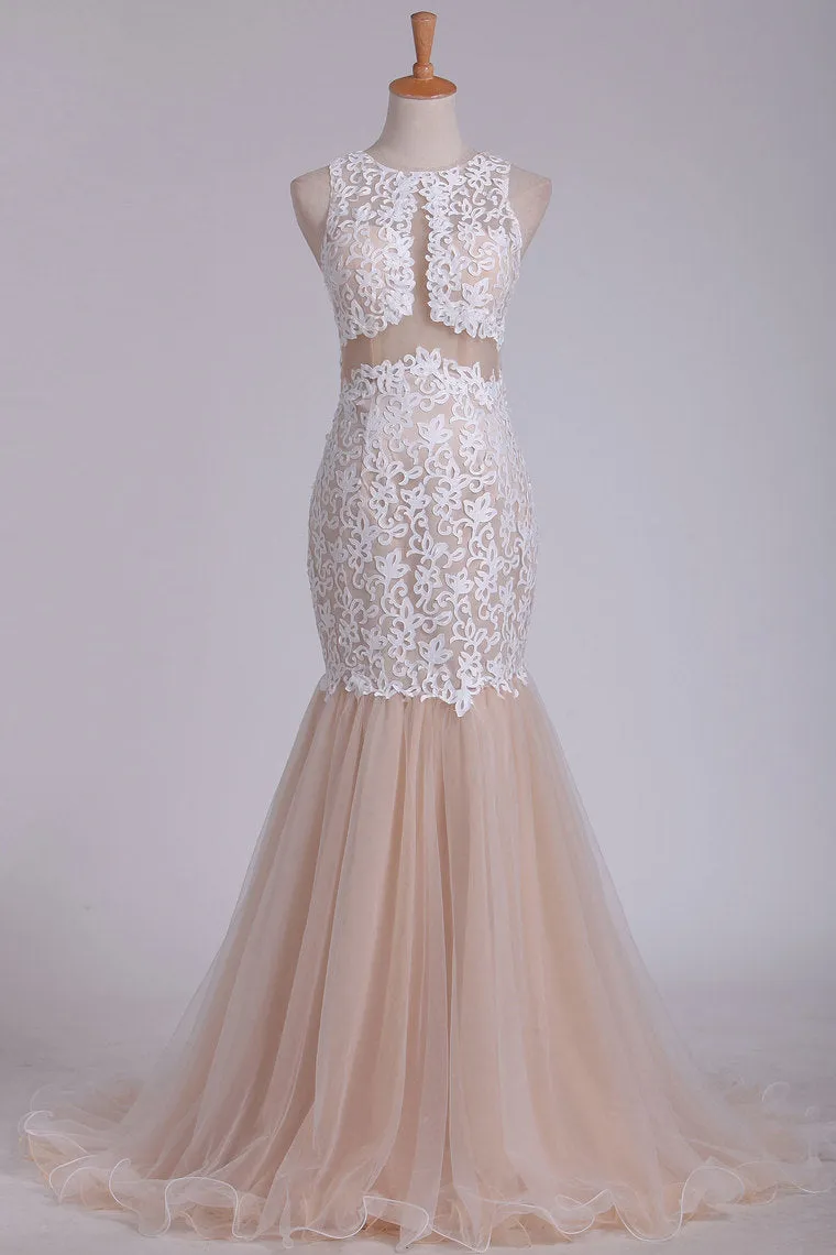 2024 Tulle Scoop With Applique Mermaid Evening Dresses Open Back