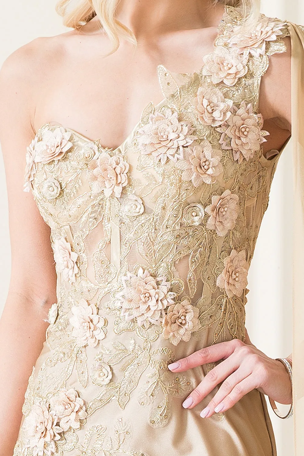 3D Floral Mermaid Cape One Shoulder Long Prom Dress