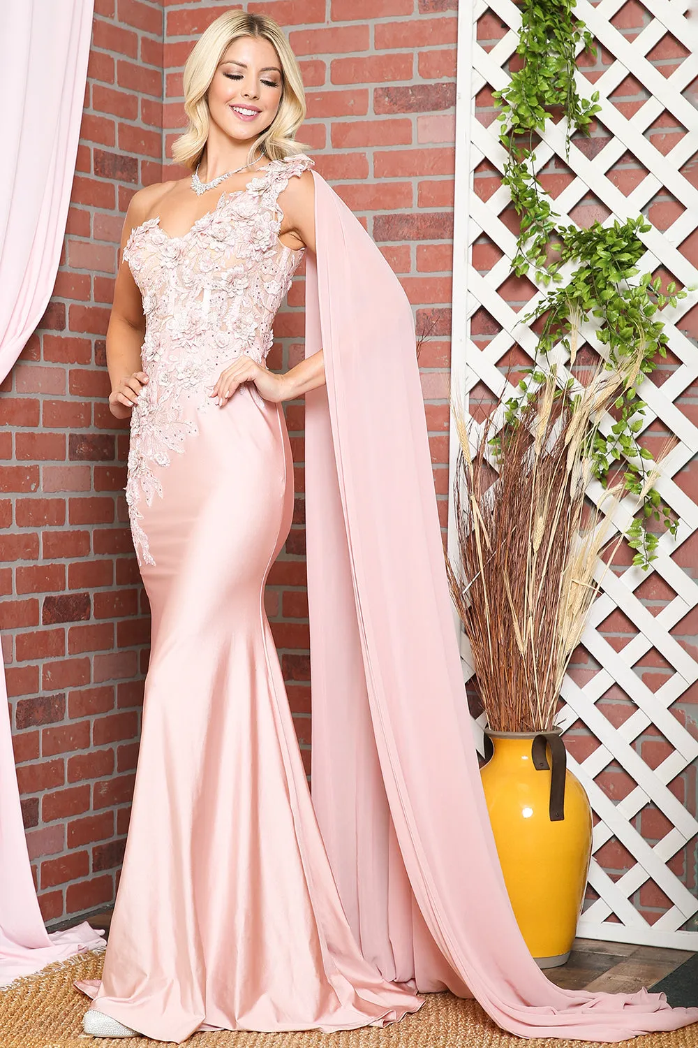 3D Floral Mermaid Cape One Shoulder Long Prom Dress