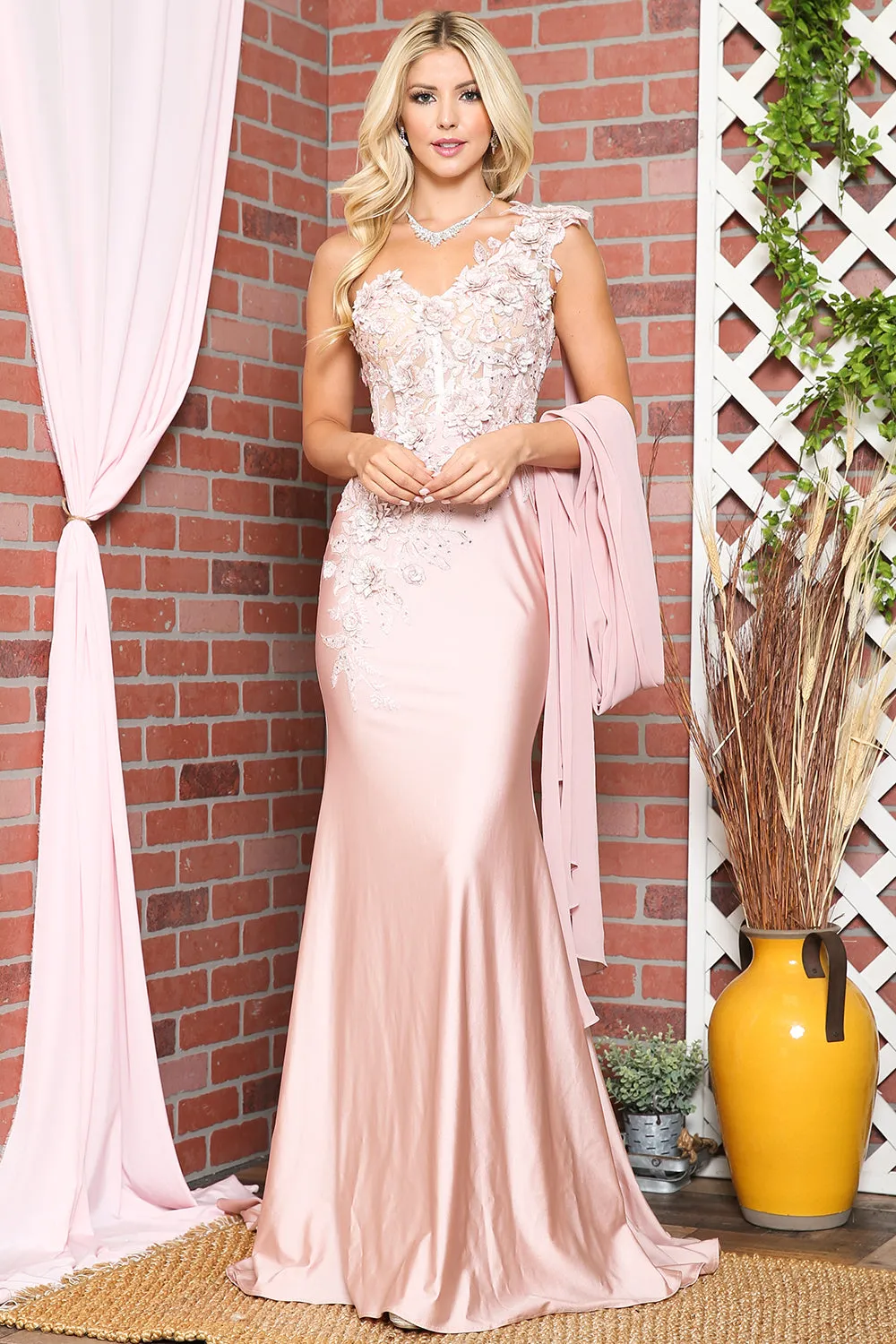 3D Floral Mermaid Cape One Shoulder Long Prom Dress