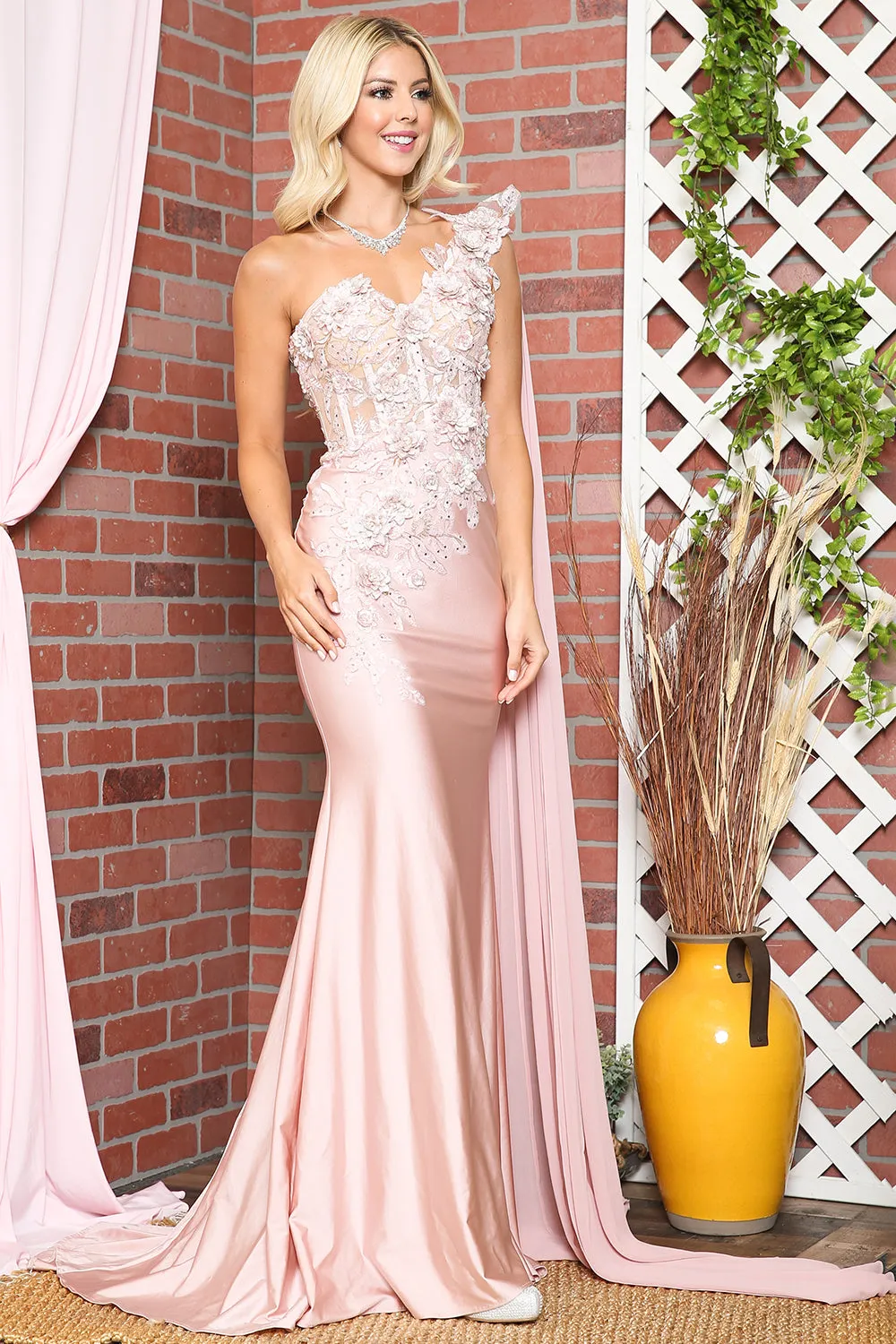 3D Floral Mermaid Cape One Shoulder Long Prom Dress