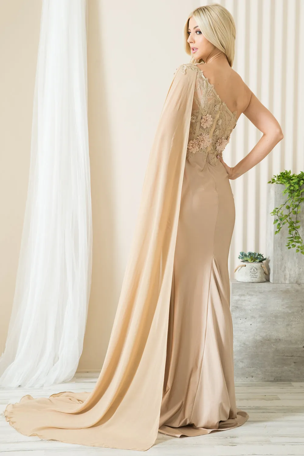 3D Floral Mermaid Cape One Shoulder Long Prom Dress