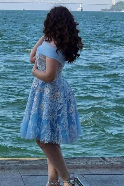 A-Line Light Blue Off The Shoulder Tulle Short Sleeve Prom Dresses with Appliques
