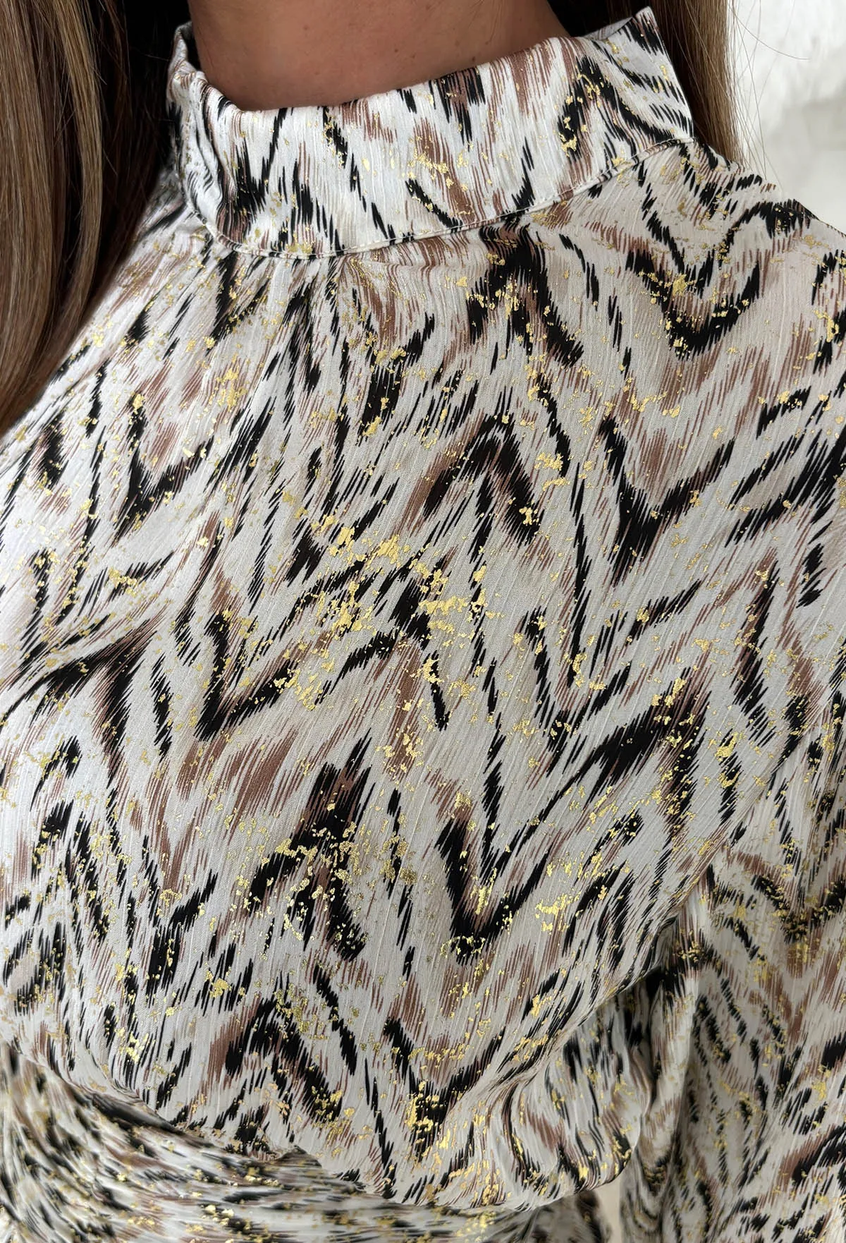 Amari Multi Long Sleeve Cinched Waist Foil Printed Dress