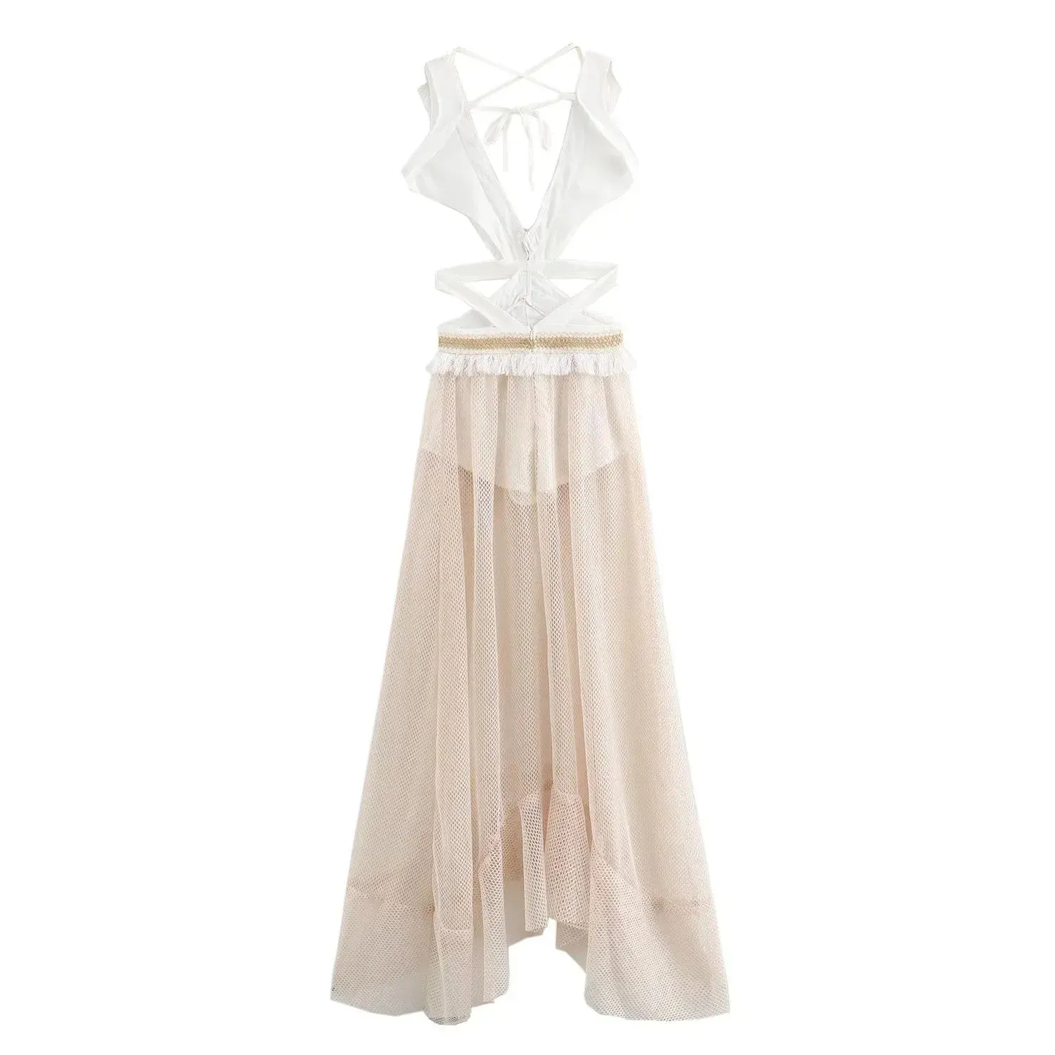 Amoura Multi Color V Neck Waist Hollow Out Patchwork Design Maxi Dress