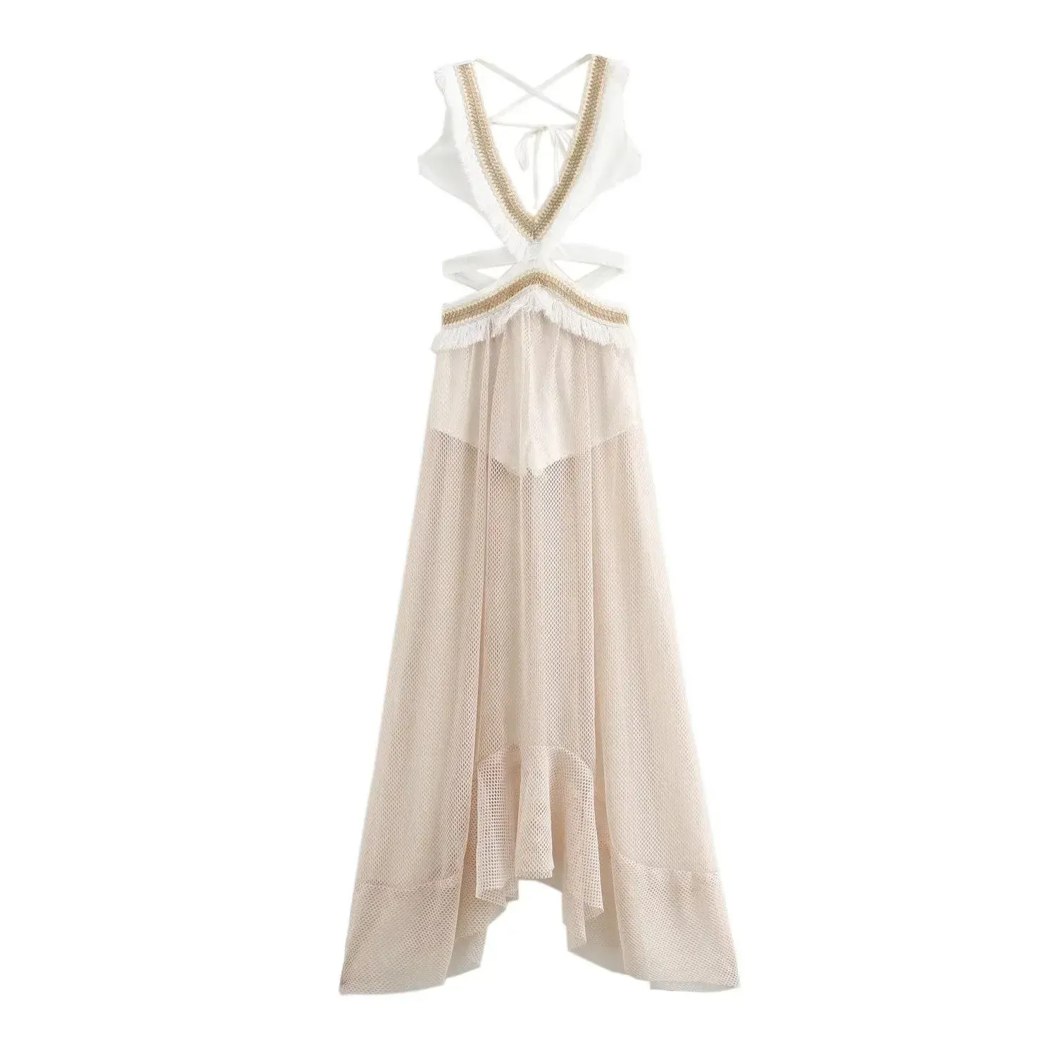 Amoura Multi Color V Neck Waist Hollow Out Patchwork Design Maxi Dress