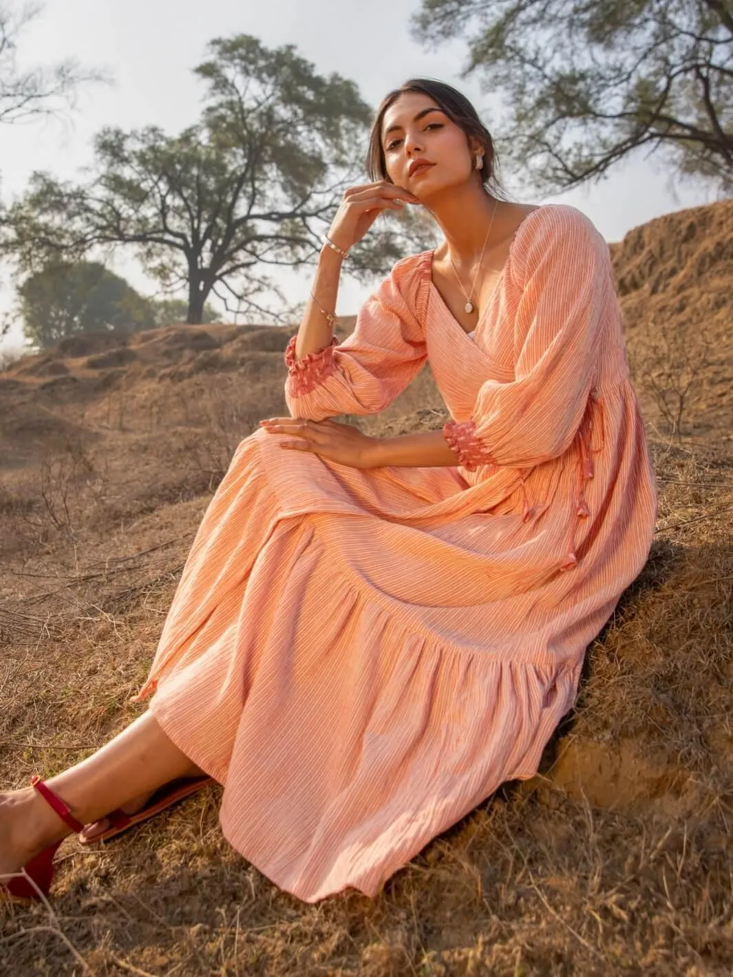 Beige Wrap Long Cotton Maxi Dress