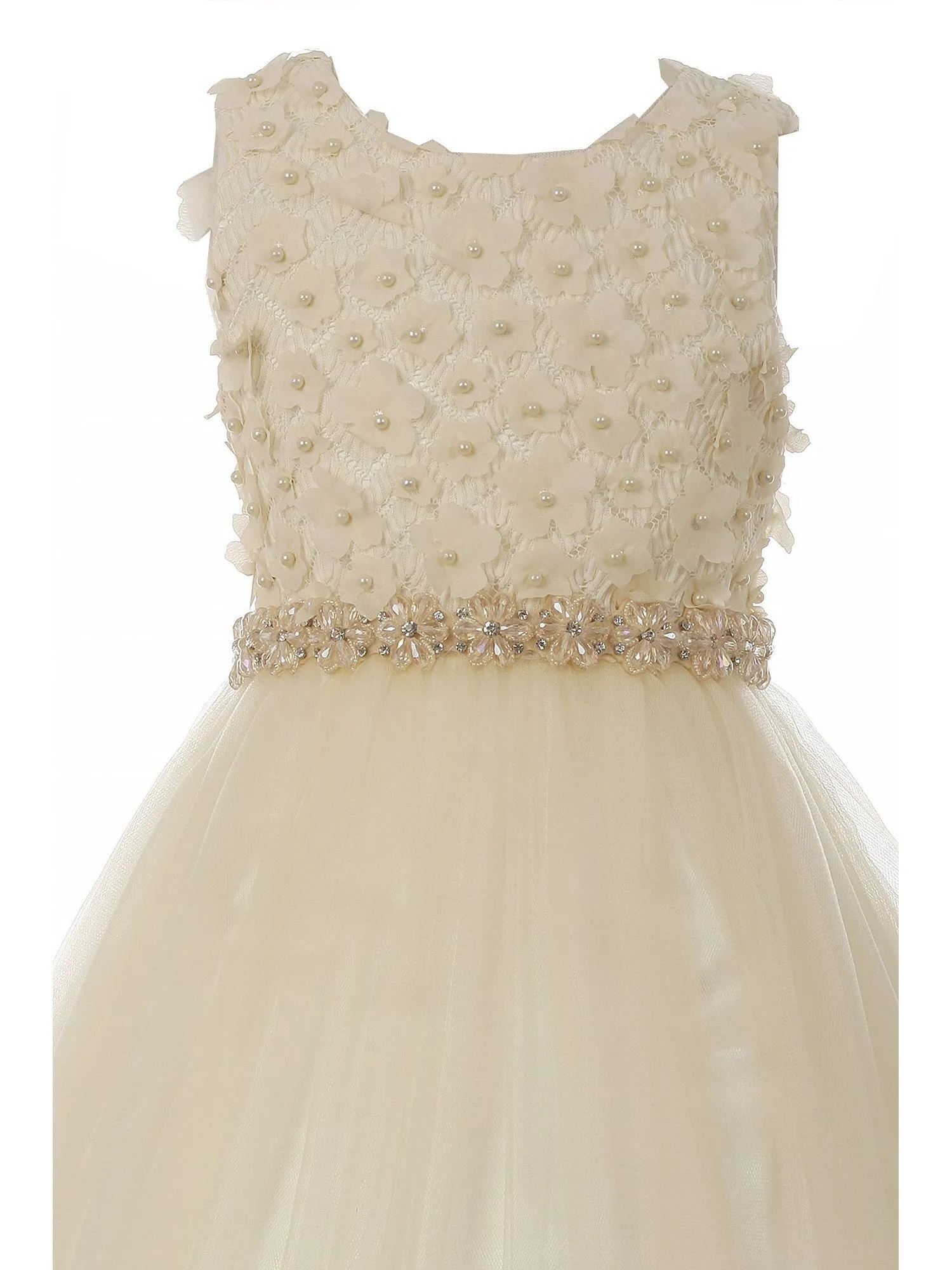 Big Girls Champagne Pearl 3D Floral Accents Tulle Junior Bridesmaid Dress 8-12