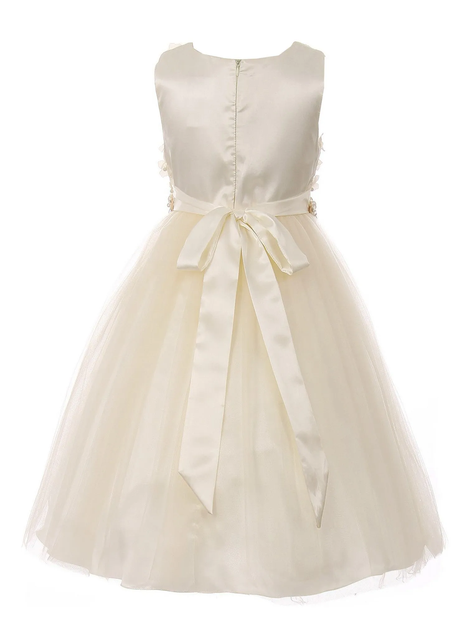 Big Girls Champagne Pearl 3D Floral Accents Tulle Junior Bridesmaid Dress 8-12