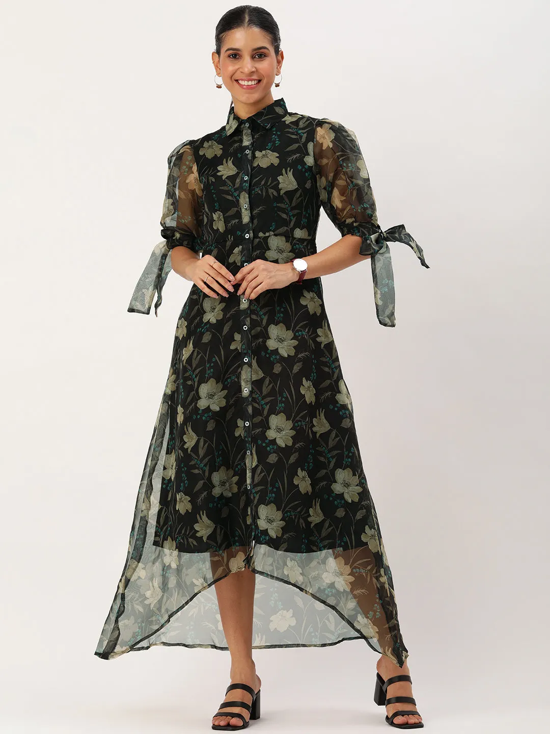 Black Organza Digital Collar Neck Printed Dress