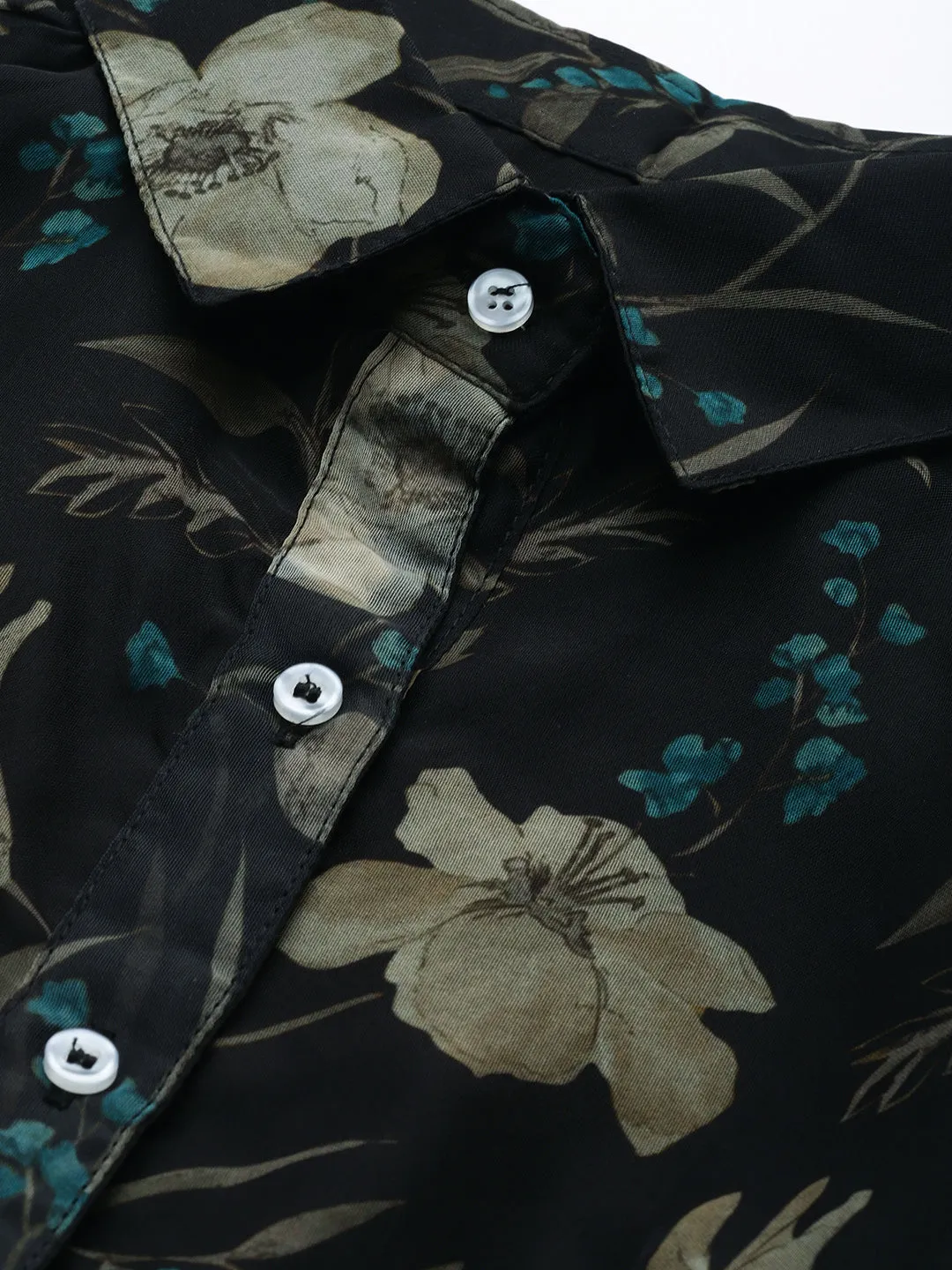 Black Organza Digital Collar Neck Printed Dress