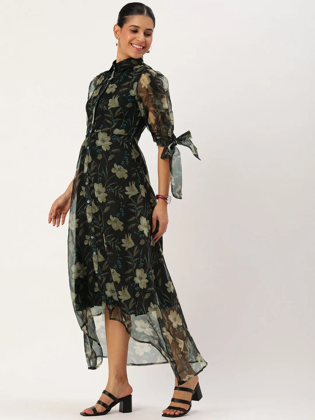Black Organza Digital Collar Neck Printed Dress