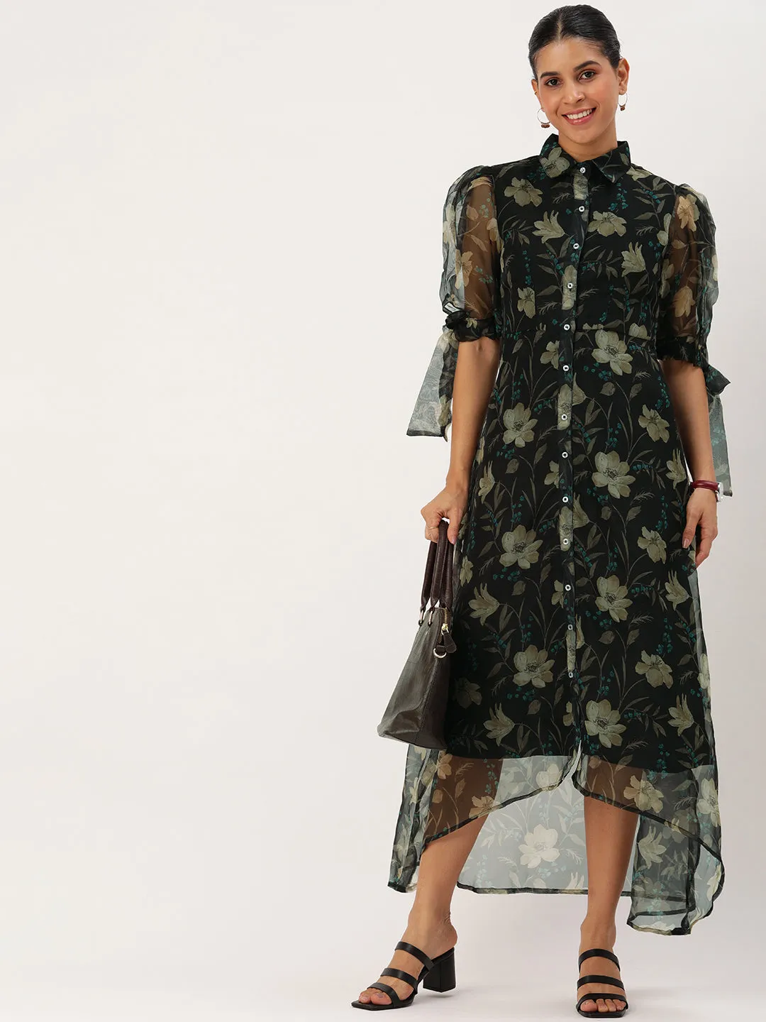 Black Organza Digital Collar Neck Printed Dress