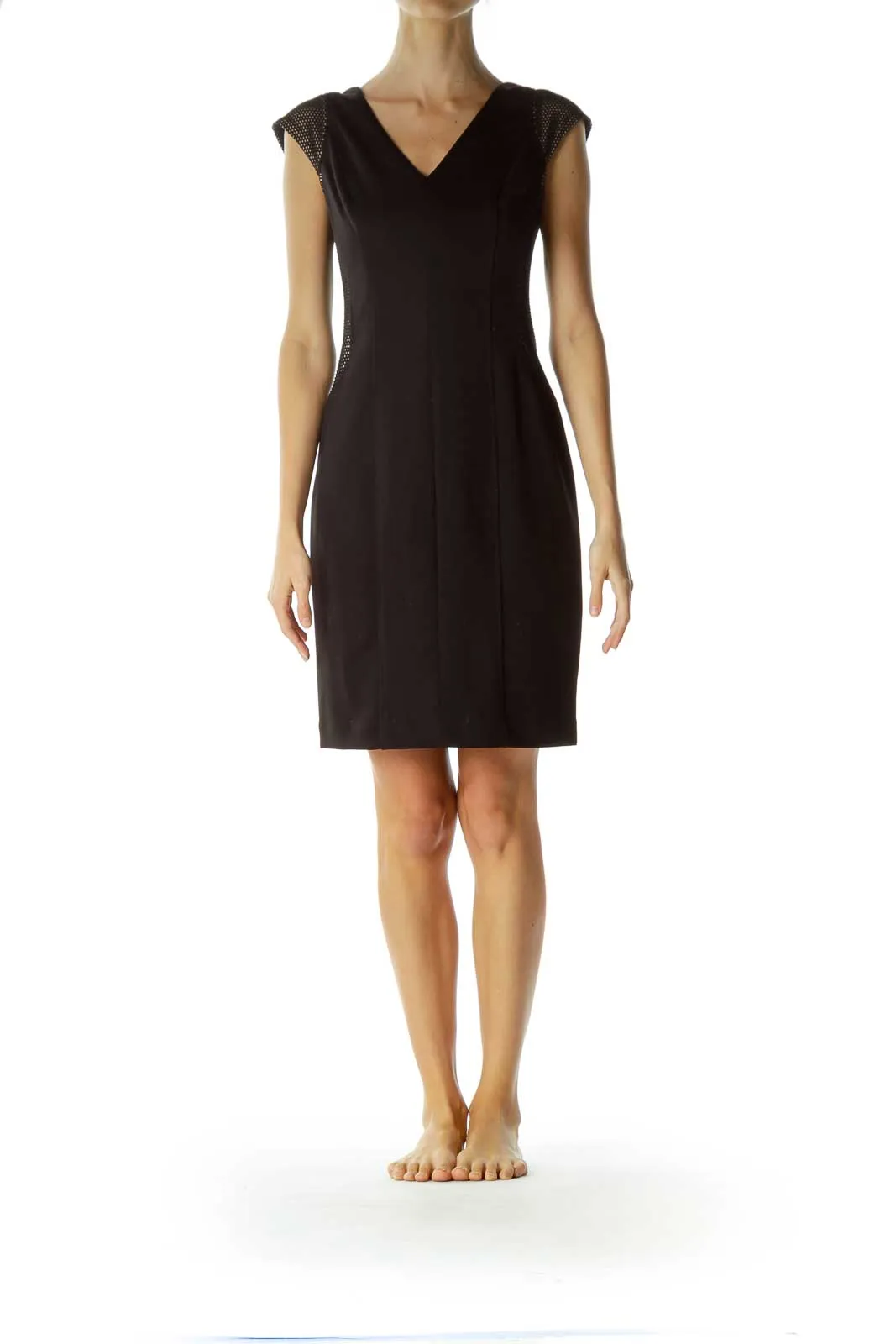 Black V-Neck Side Textured Work Dress