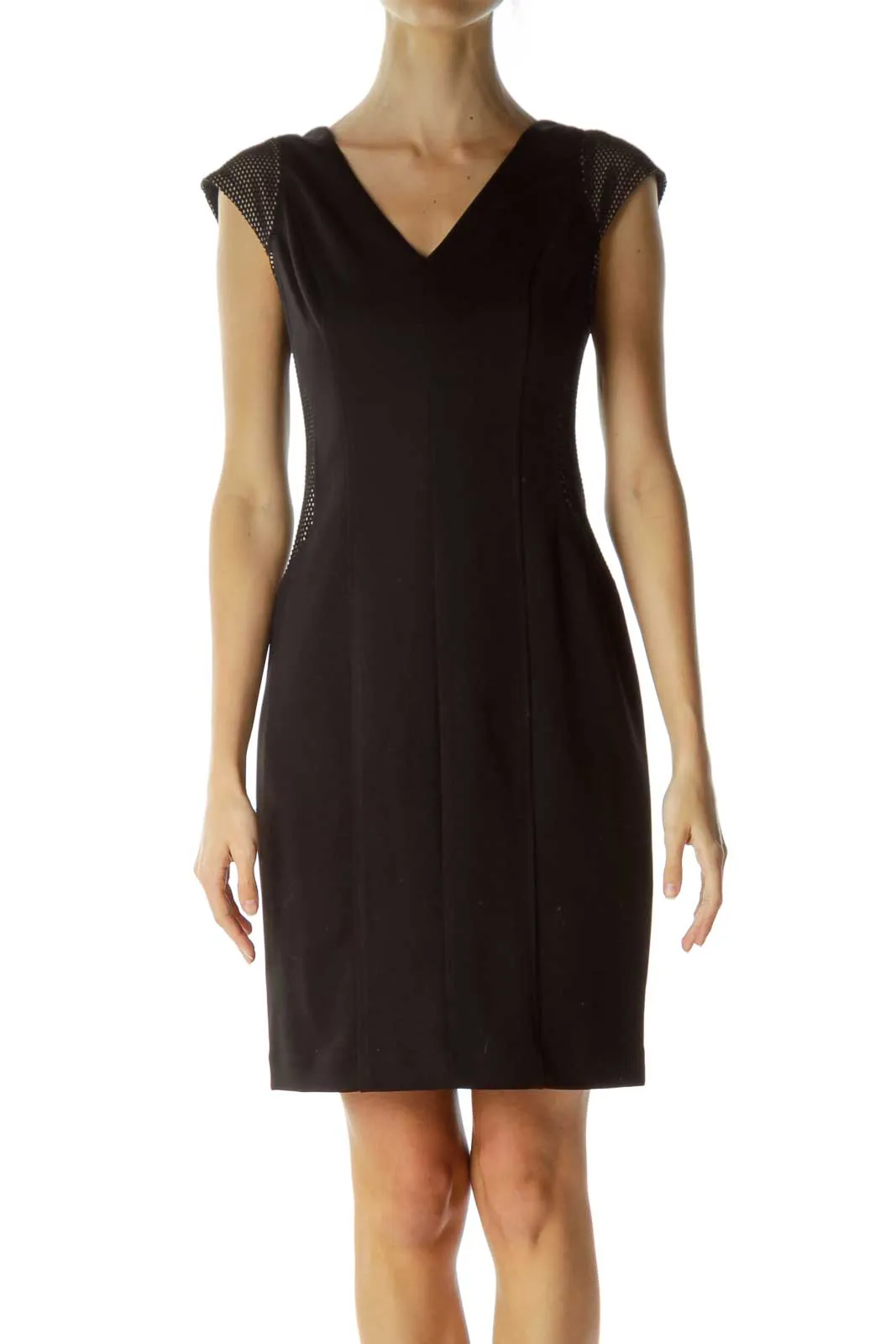 Black V-Neck Side Textured Work Dress