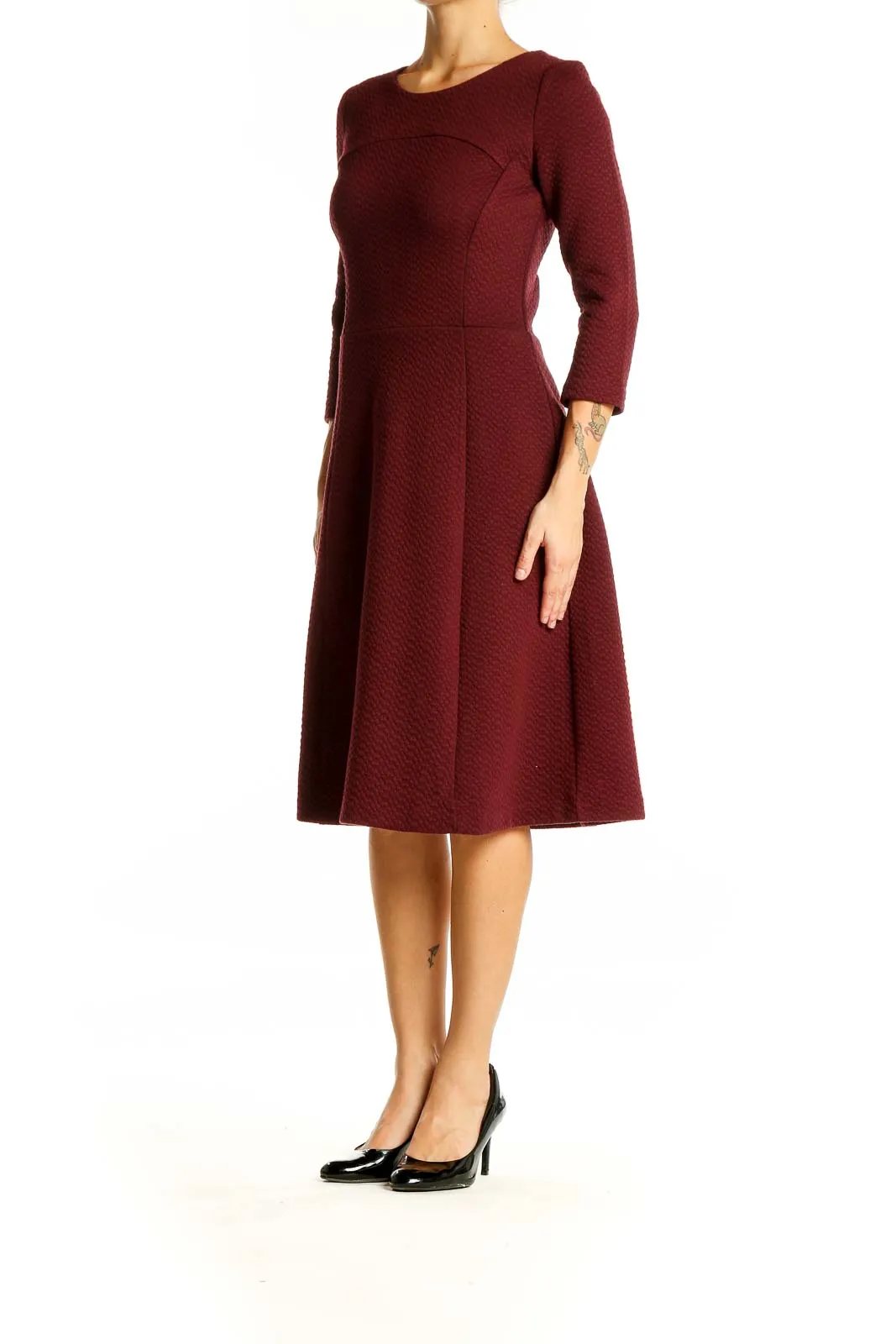 Burgundy Textured Fit-and-Flare Midi Dress