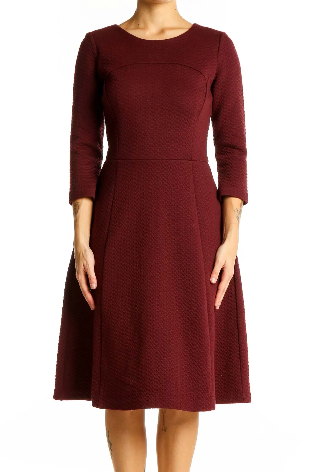 Burgundy Textured Fit-and-Flare Midi Dress