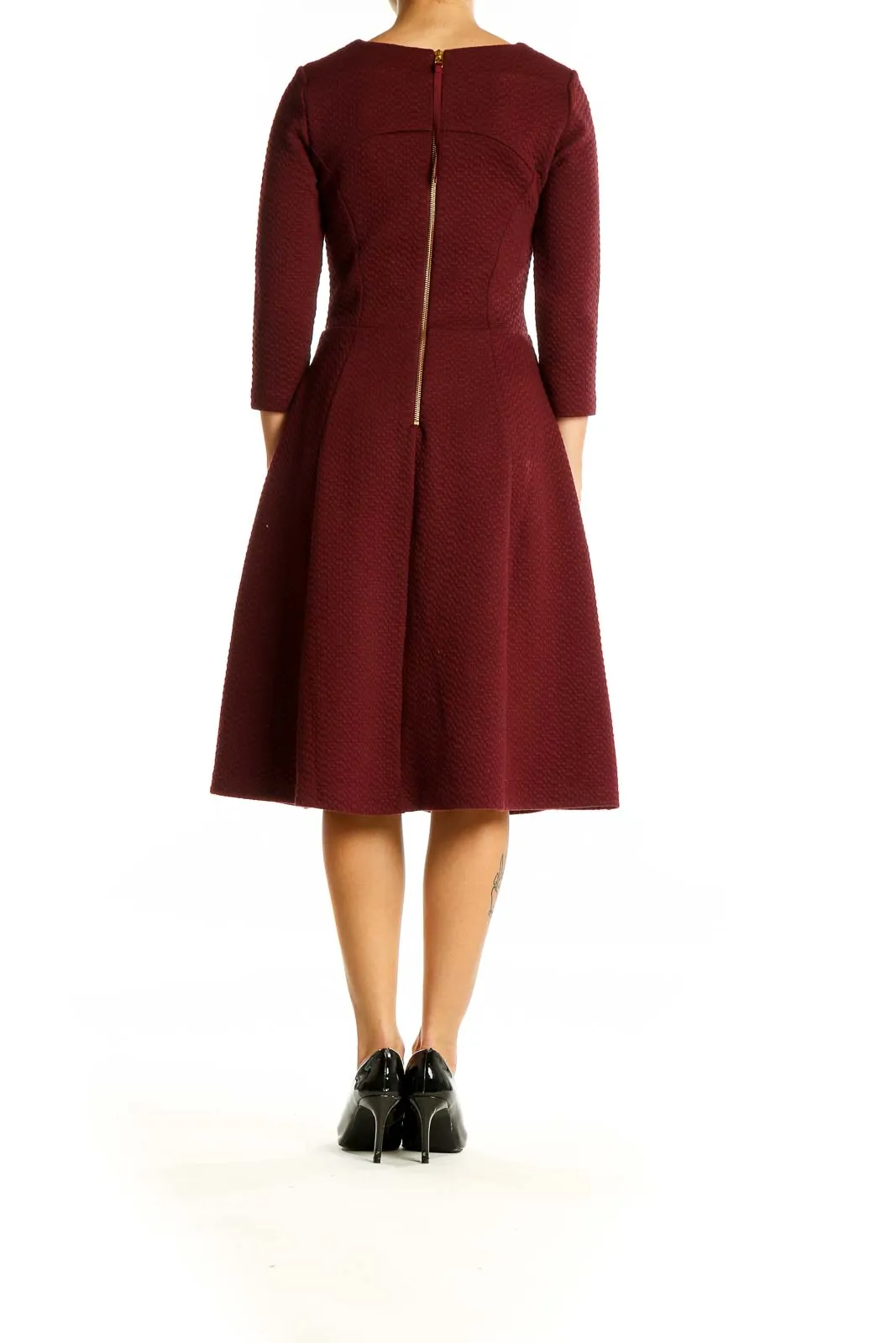 Burgundy Textured Fit-and-Flare Midi Dress