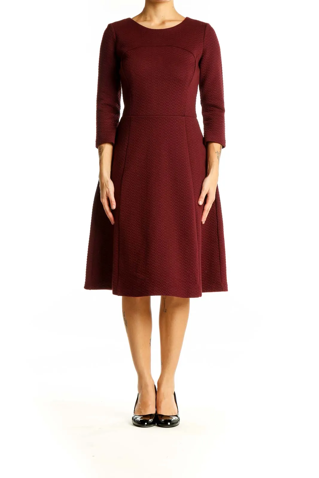 Burgundy Textured Fit-and-Flare Midi Dress