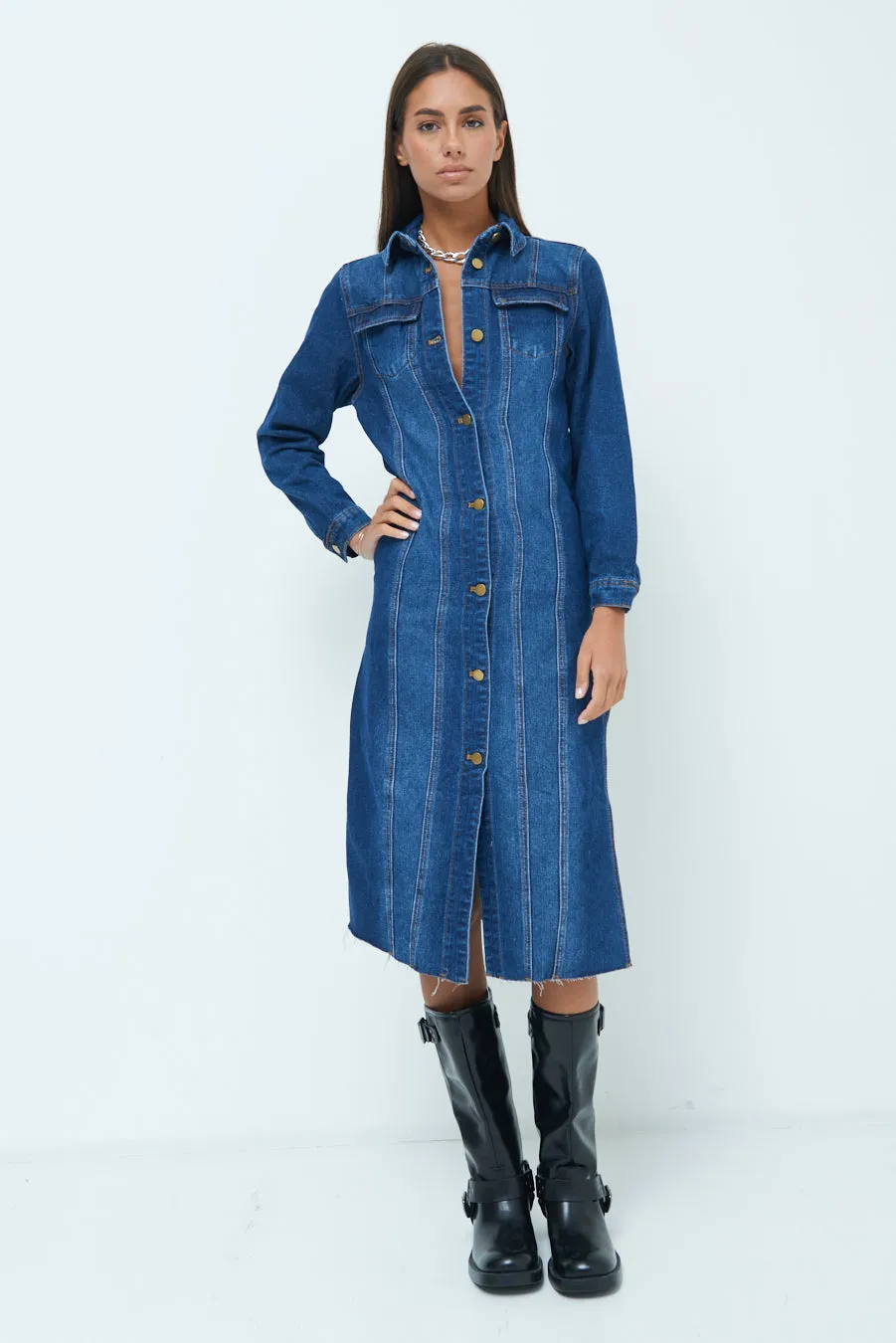 Button-up midi denim dress wholesale