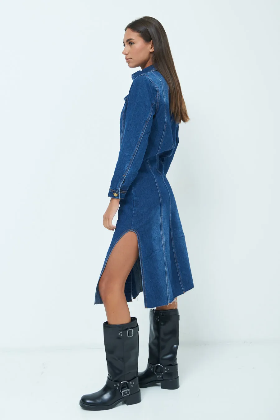 Button-up midi denim dress wholesale
