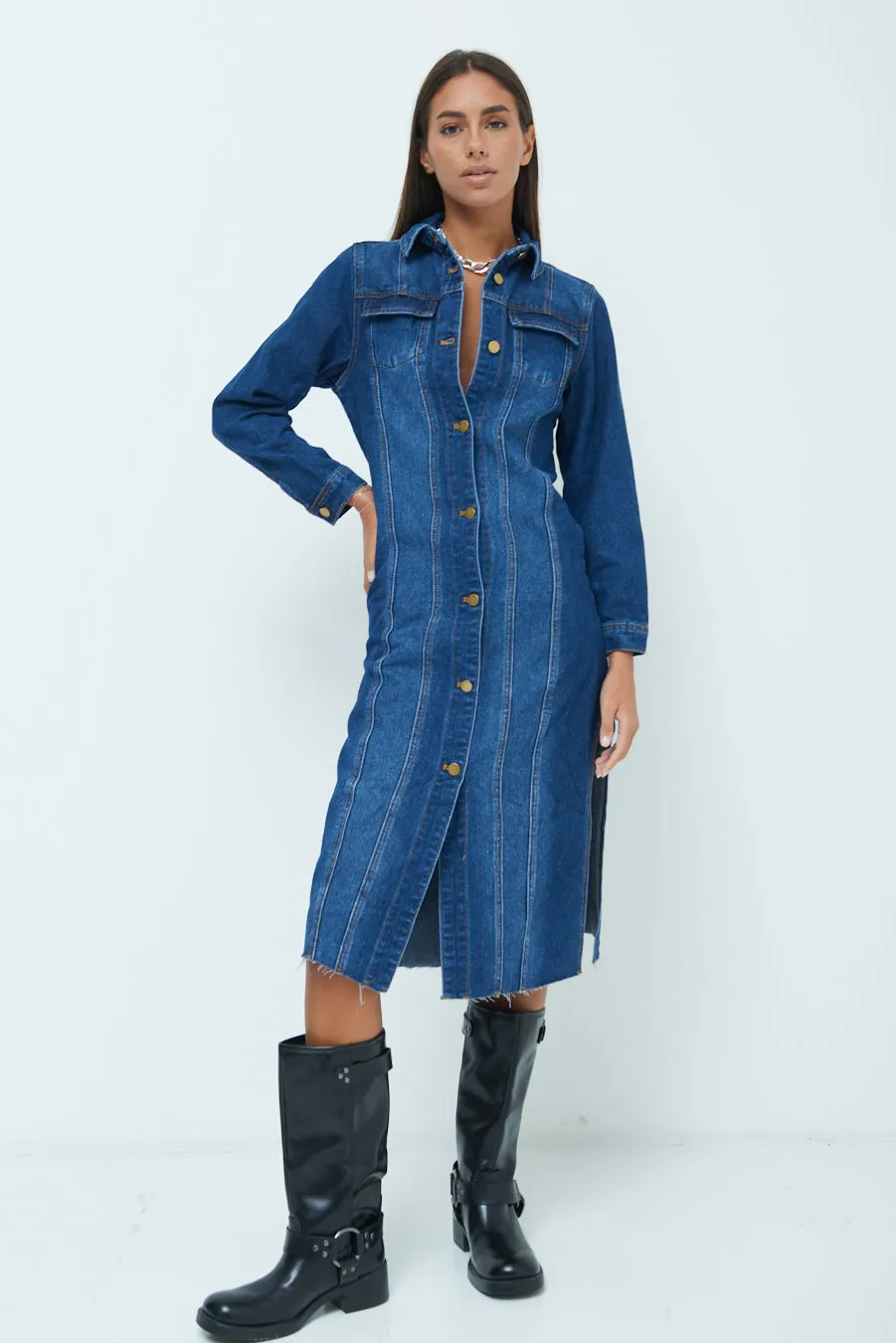 Button-up midi denim dress wholesale