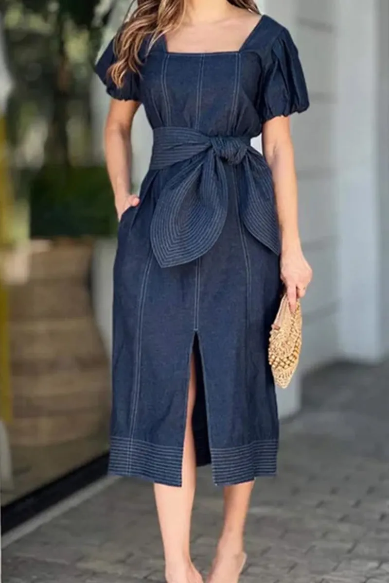 Classic Slit Square Short Sleeve Slit Front Midi Denim Dress