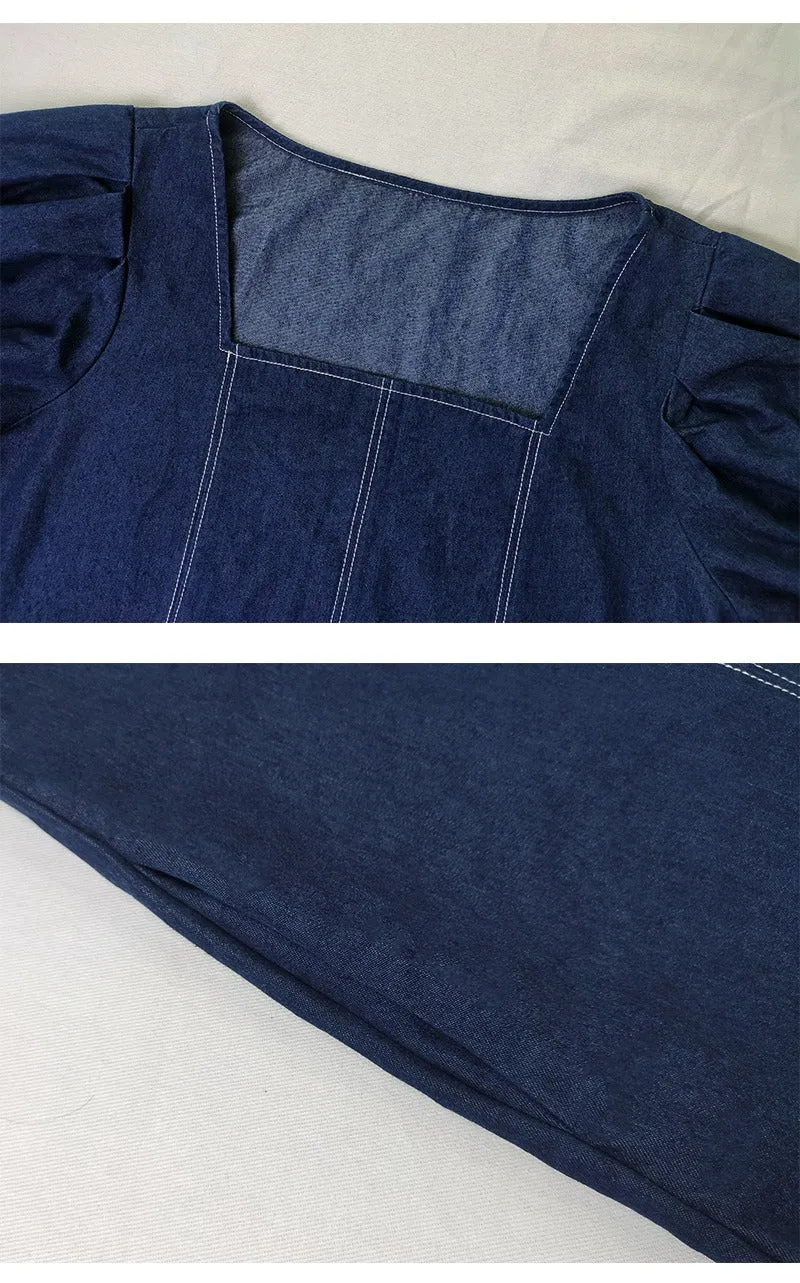 Classic Slit Square Short Sleeve Slit Front Midi Denim Dress
