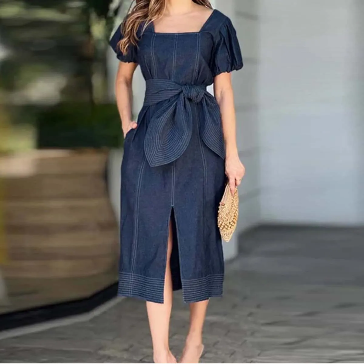 Classic Slit Square Short Sleeve Slit Front Midi Denim Dress
