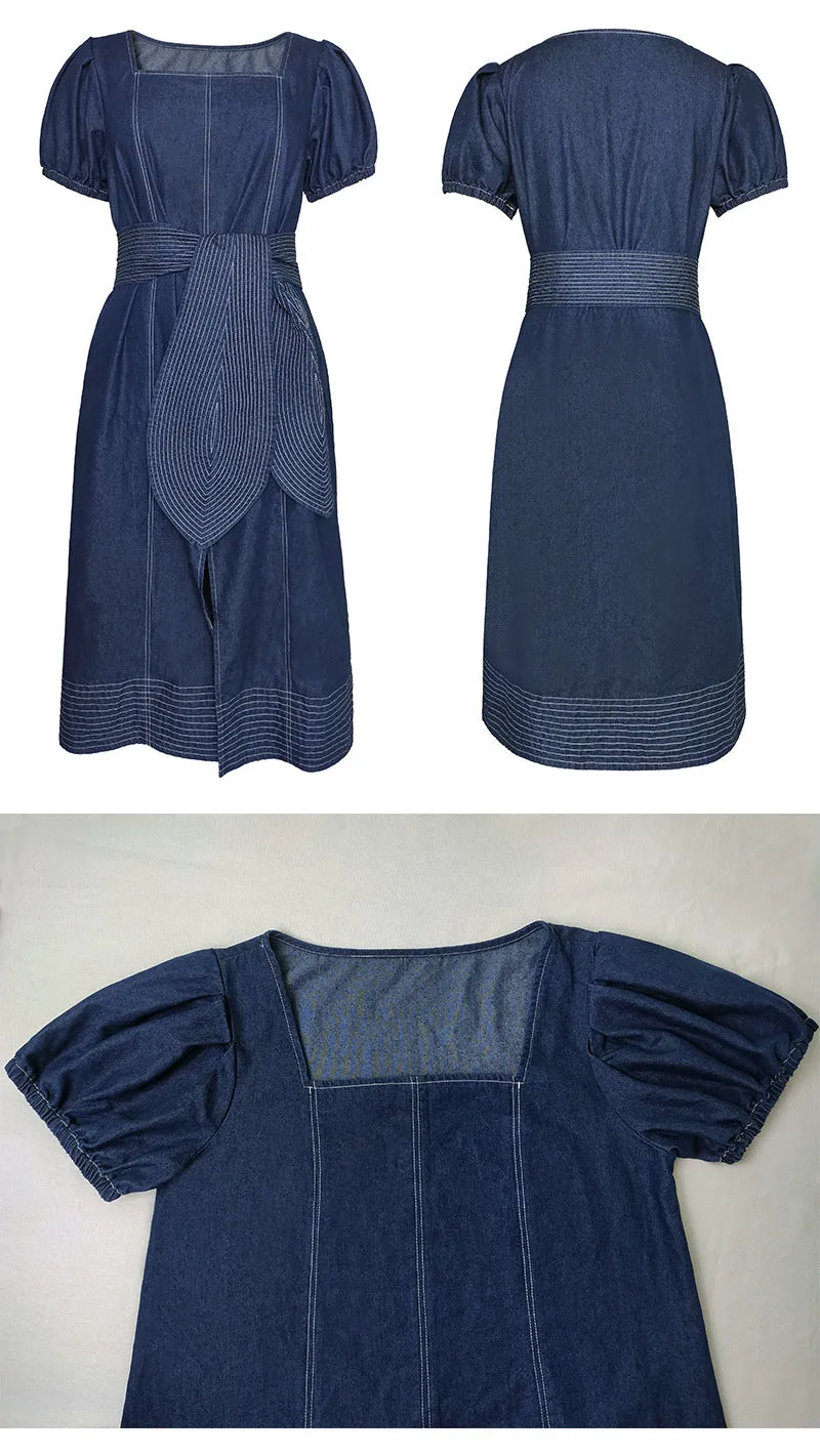 Classic Slit Square Short Sleeve Slit Front Midi Denim Dress