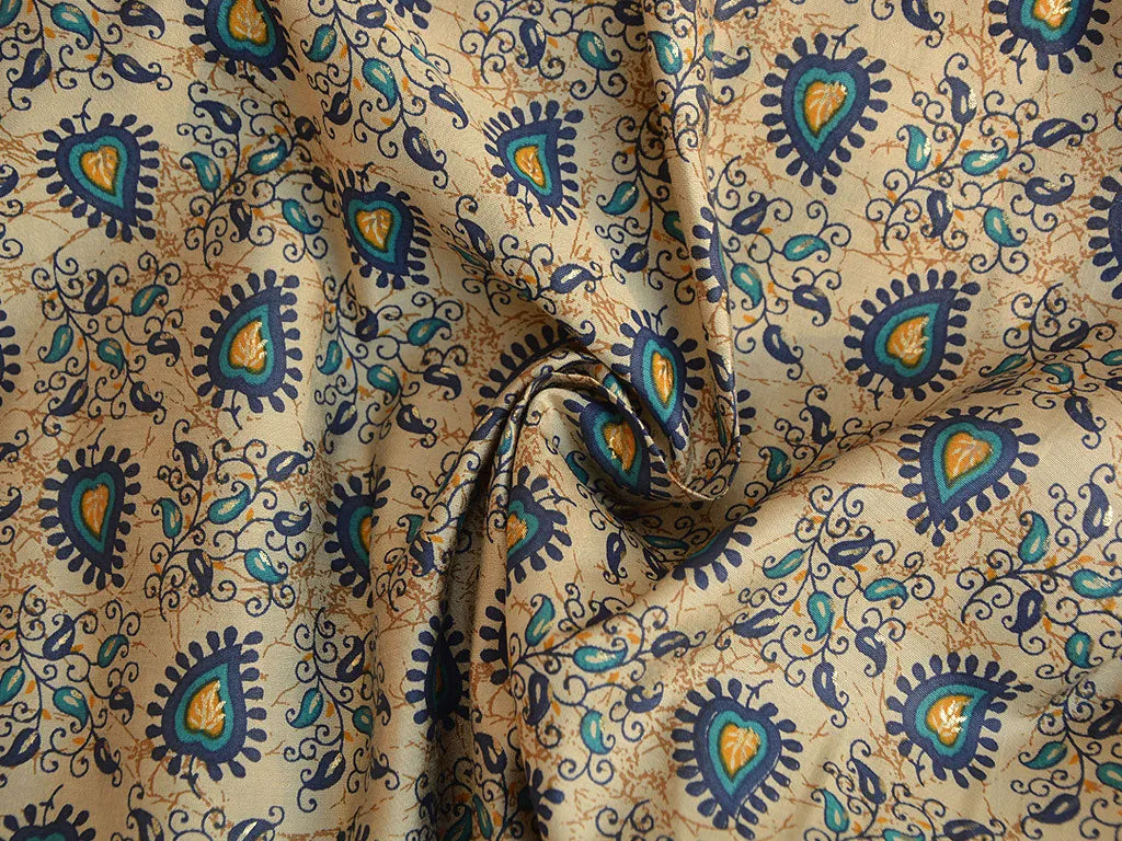 Cream & Blue Traditional Premium Modal Chanderi Silk Fabric