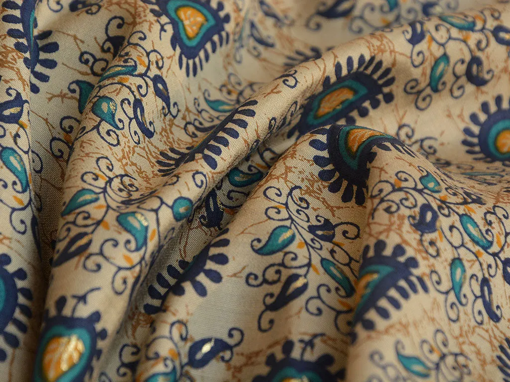 Cream & Blue Traditional Premium Modal Chanderi Silk Fabric