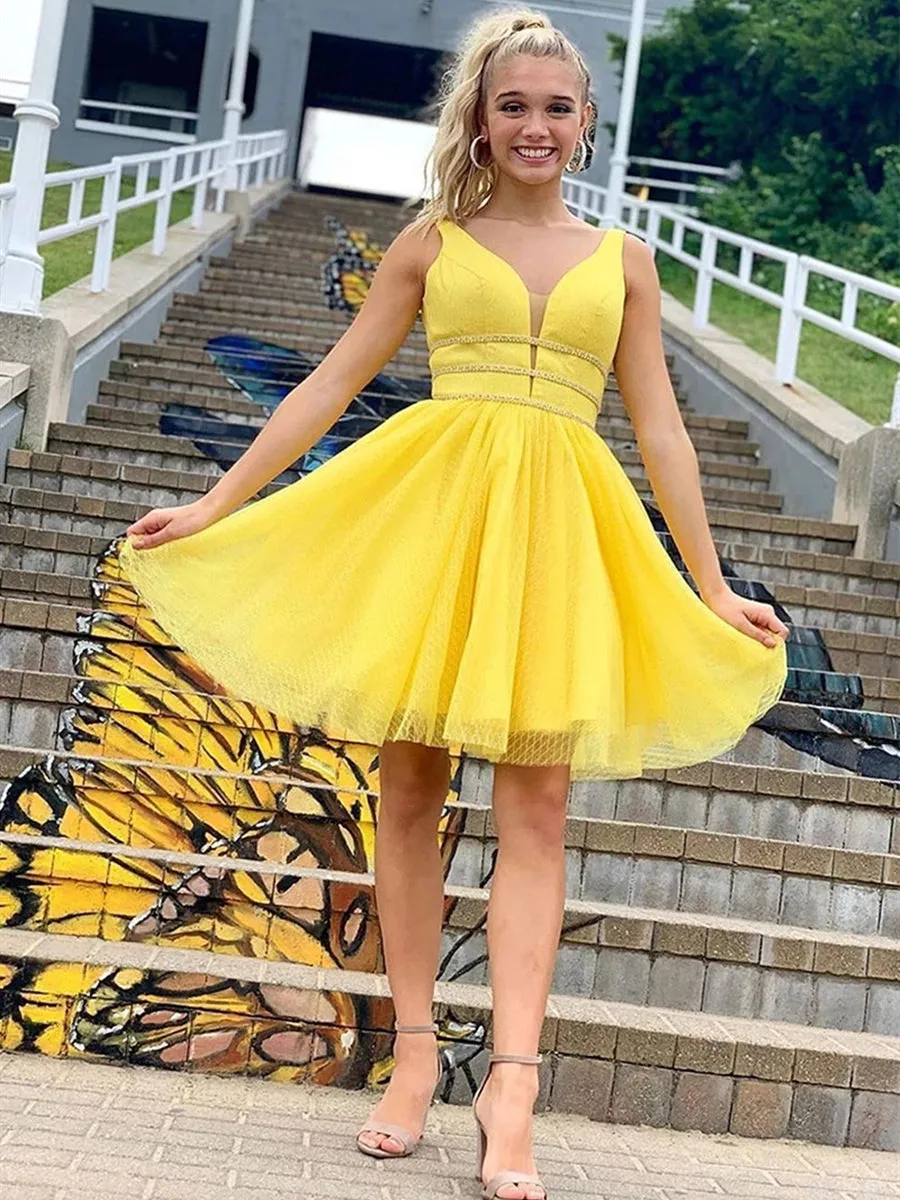 Cute Yellow Short A Line V Neck Prom Homecoming Dresses with Thin Belt