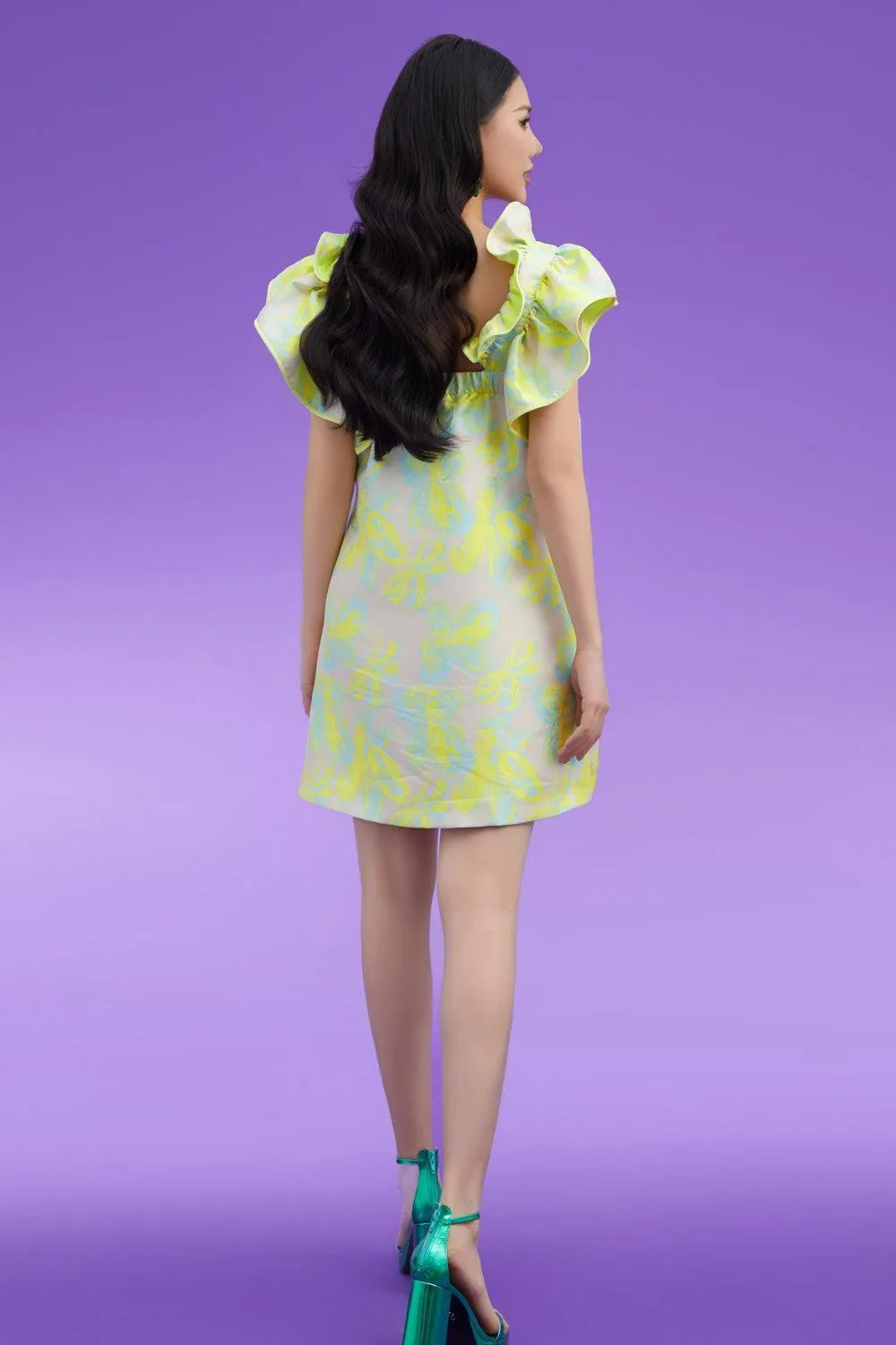 Cynthia Straight Ruffle Sleeved Brocade Mini Dress