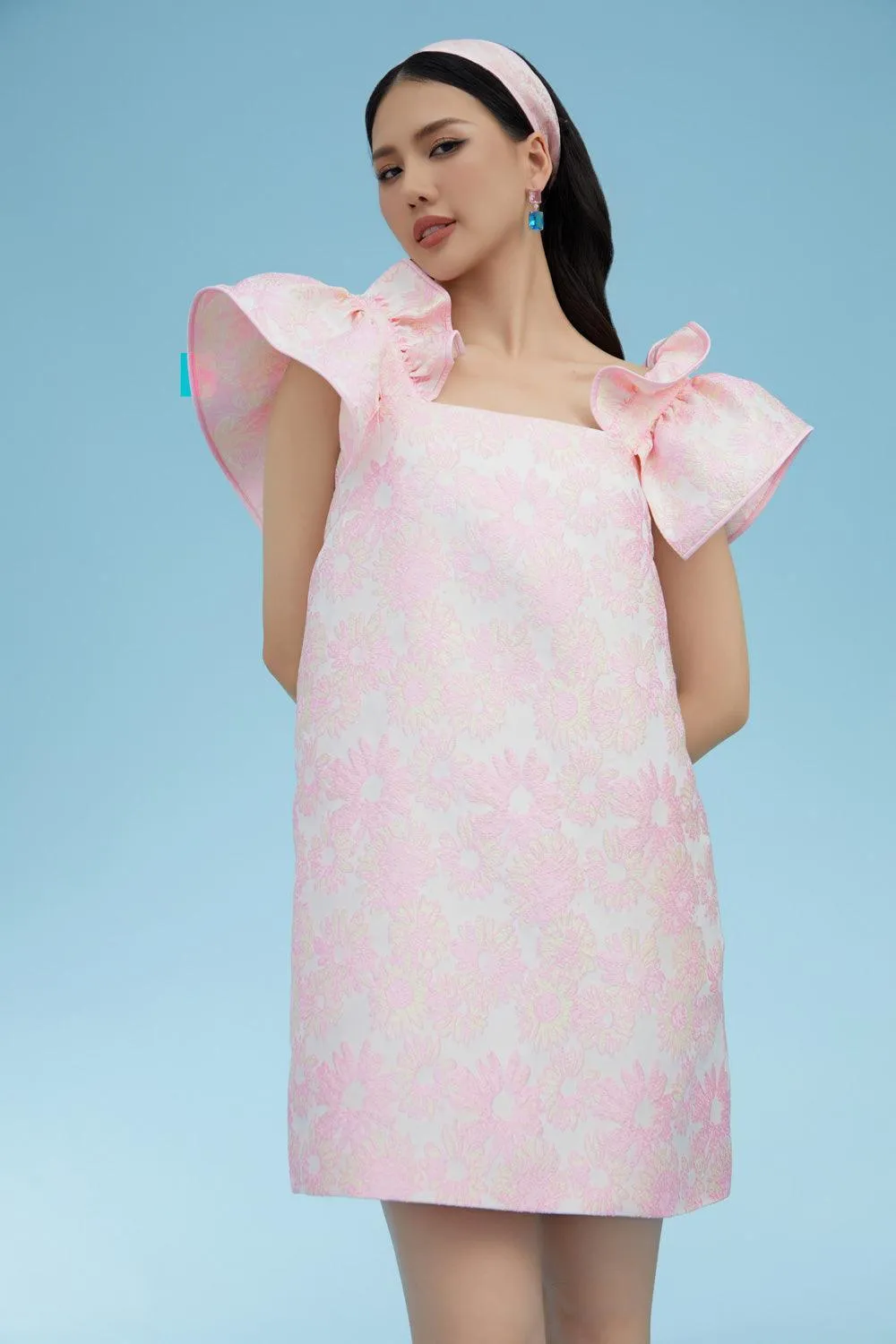 Cynthia Straight Ruffle Sleeved Brocade Mini Dress