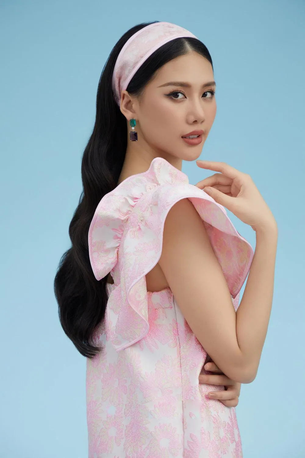 Cynthia Straight Ruffle Sleeved Brocade Mini Dress