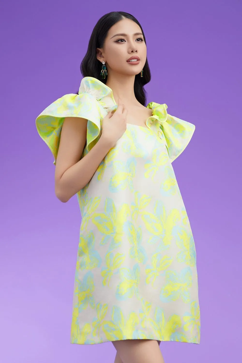 Cynthia Straight Ruffle Sleeved Brocade Mini Dress
