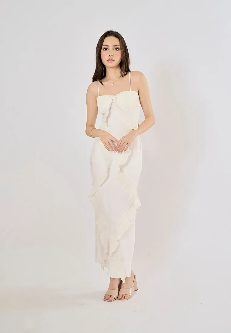 Dabria White Asymestric Ruffle High Slit Maxi Dress