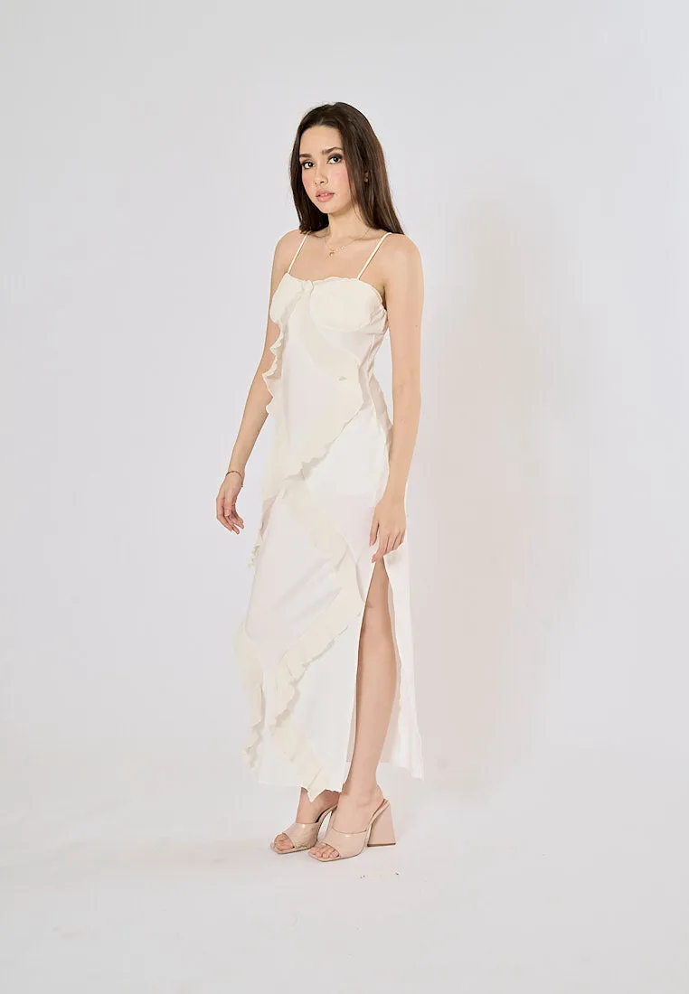 Dabria White Asymestric Ruffle High Slit Maxi Dress