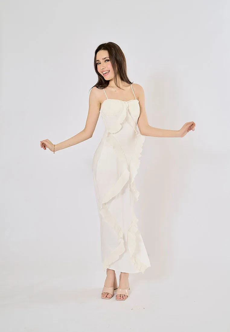 Dabria White Asymestric Ruffle High Slit Maxi Dress