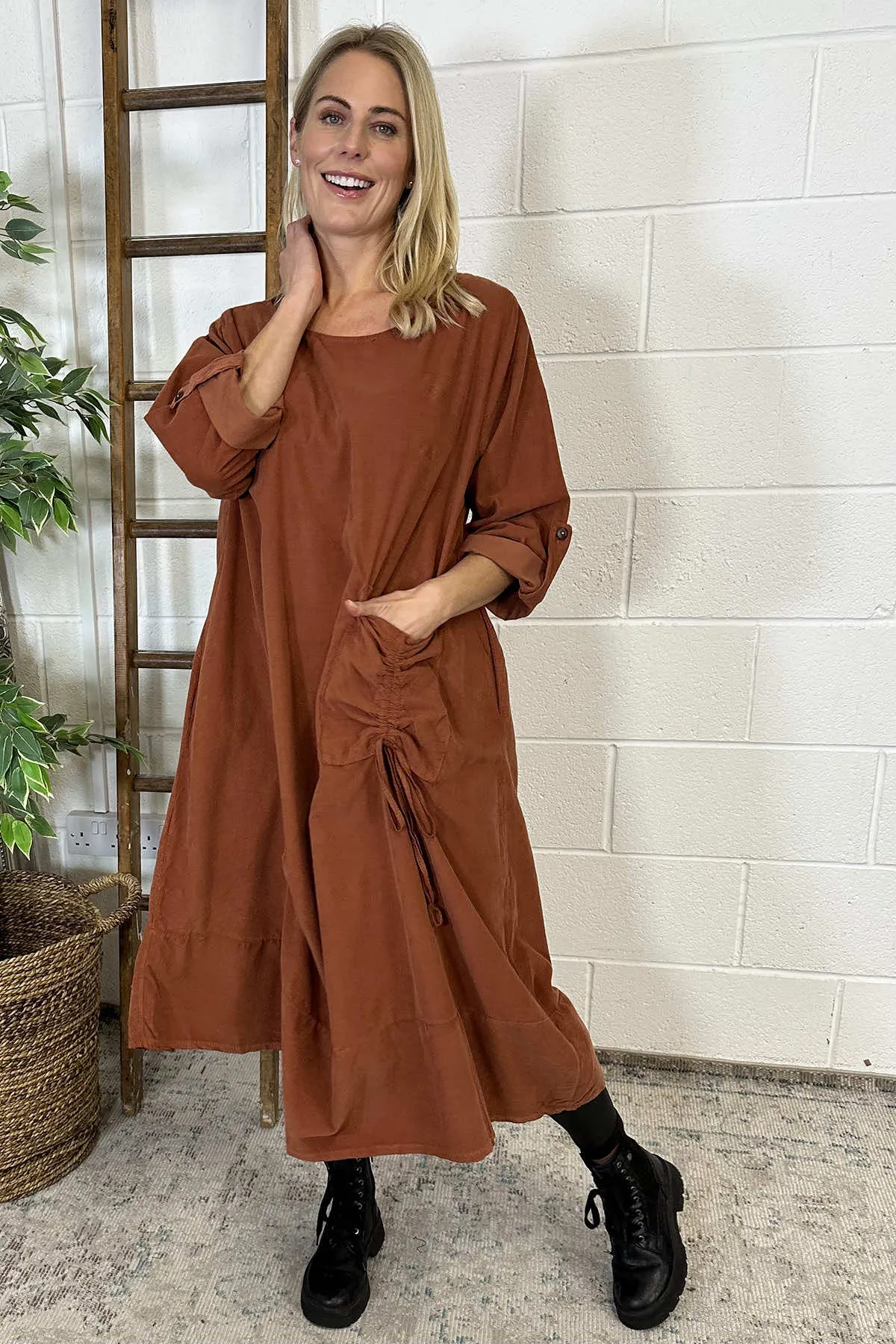 Denise Pocket Needlecord Dress Burnt Orange