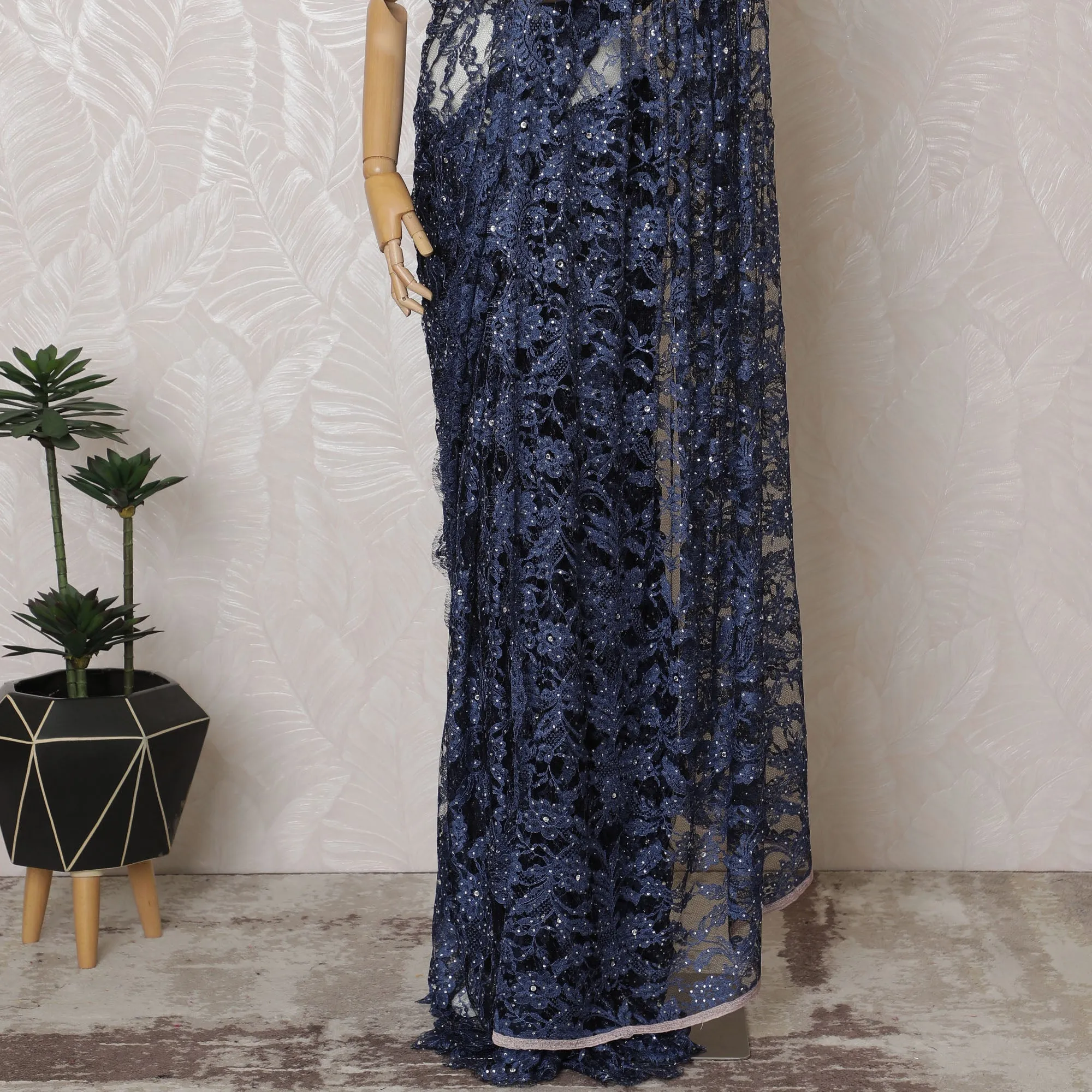 Elegant French Two-Tone Navy blue and Black Chantilly Saree Lace with Stone Work - Navy Blue, 110 cm Width, 5.5 Mtrs-D19437