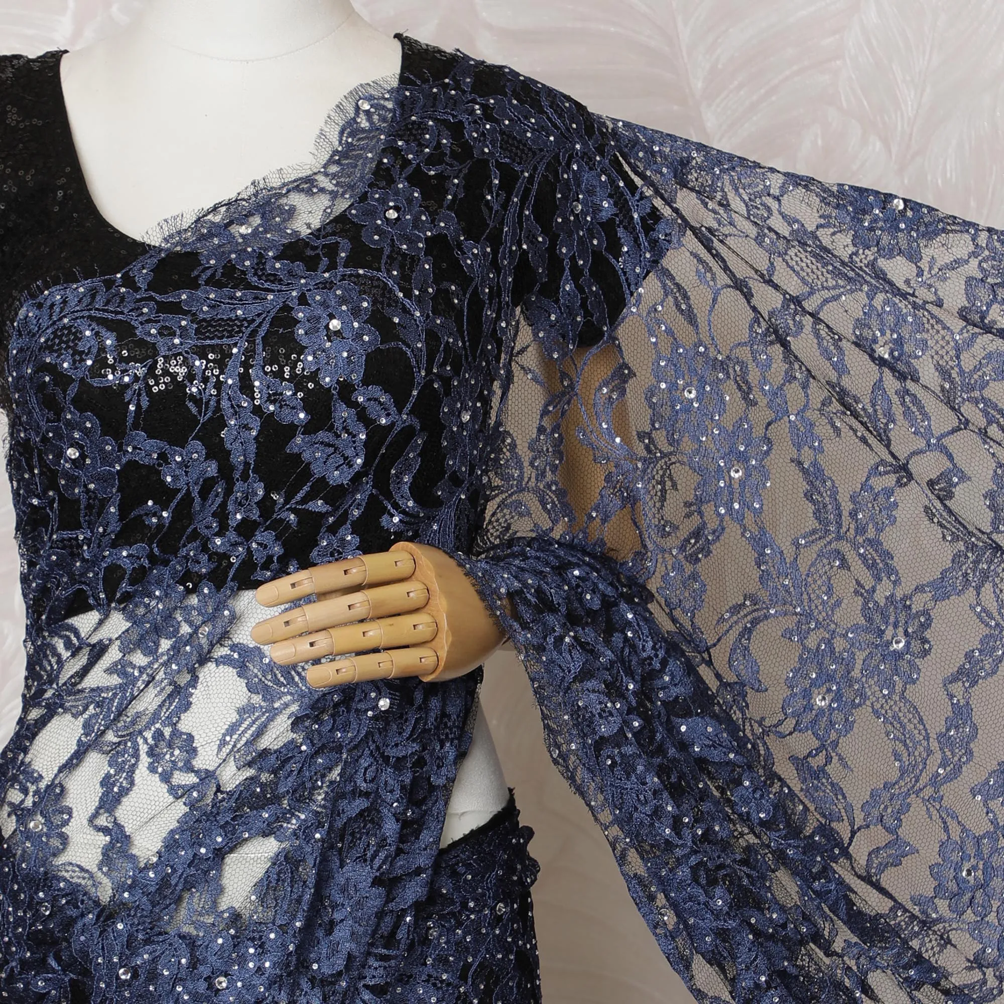 Elegant French Two-Tone Navy blue and Black Chantilly Saree Lace with Stone Work - Navy Blue, 110 cm Width, 5.5 Mtrs-D19437