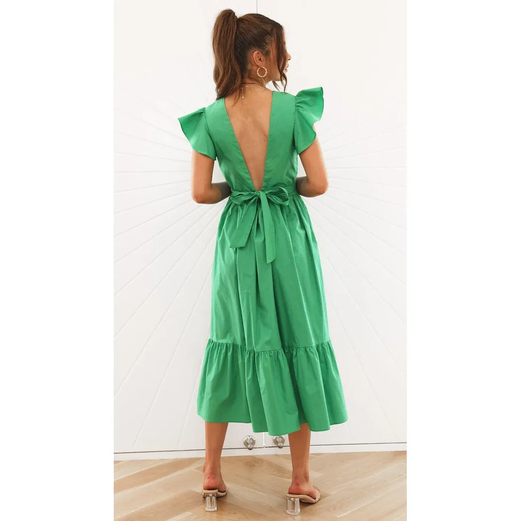 Half Open Back Lotus Leaf Sleeves Wholesale Dresses For St. Patrick'S Day