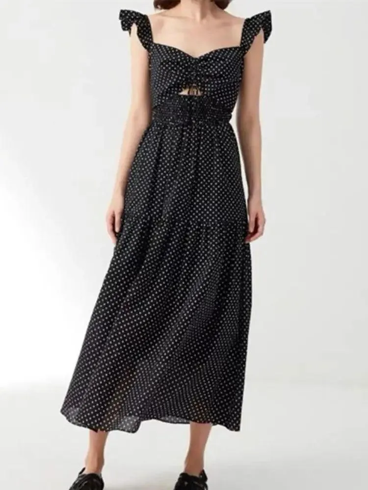 Hollow Lace-Up Long Black Dress